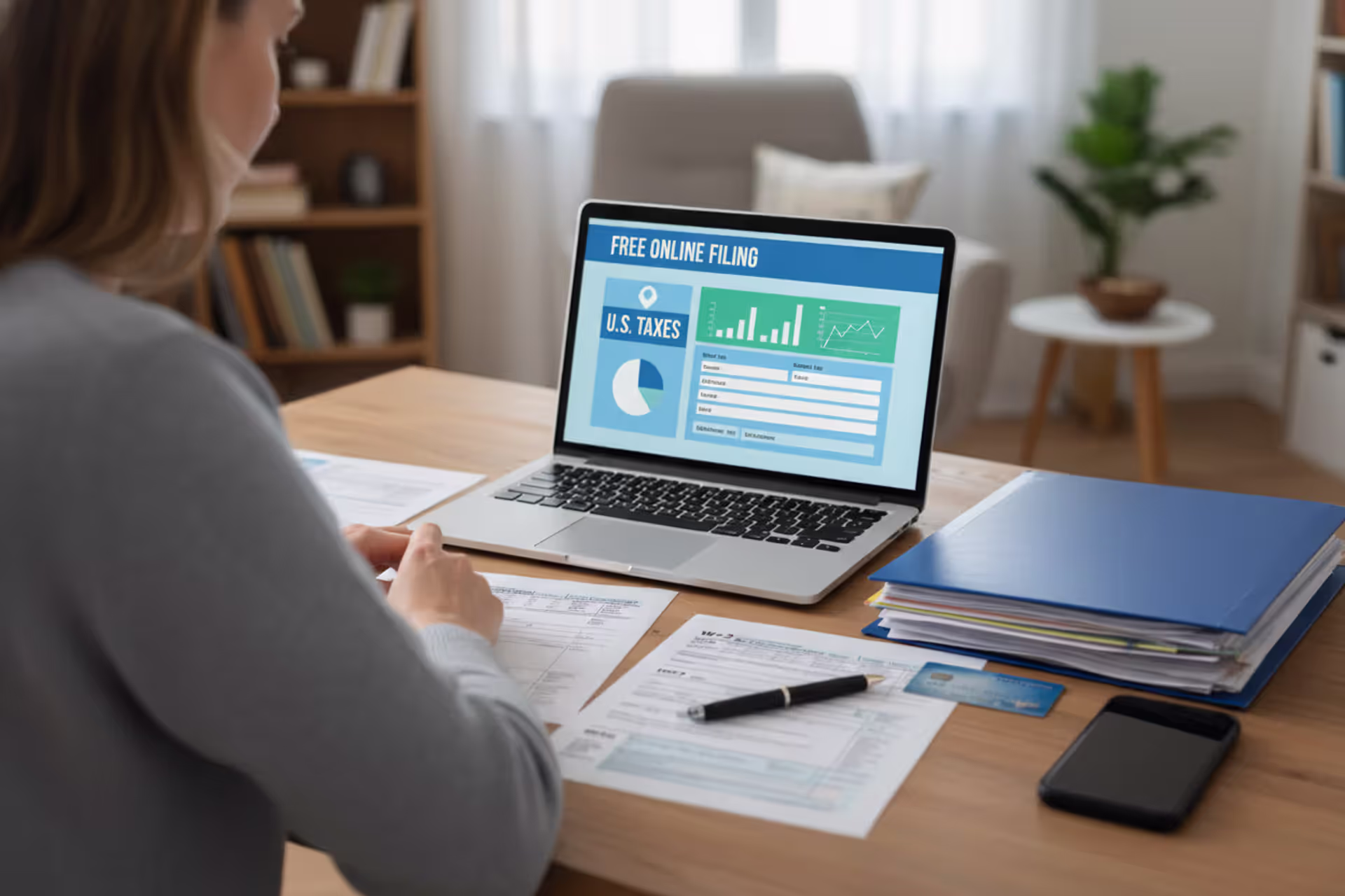 Person filing a tax return online with documents on a desk