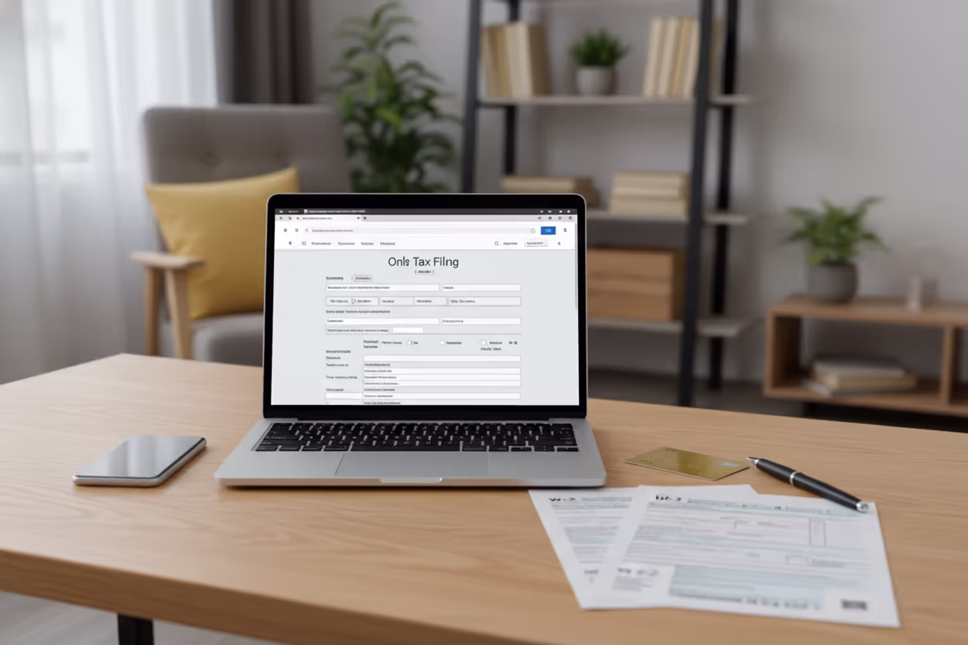 Laptop with online tax filing form, W-2 documents, phone, and bank card on a desk