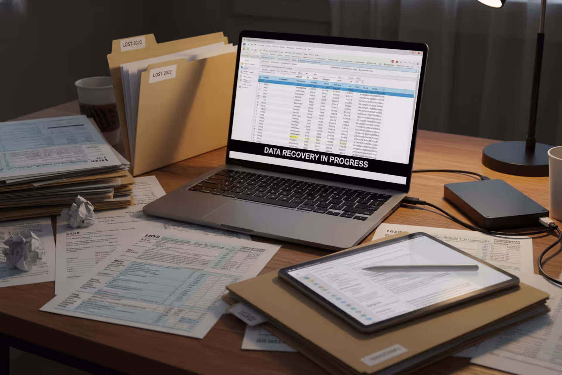 Tax documents, laptop, and organized paperwork for filing back taxes