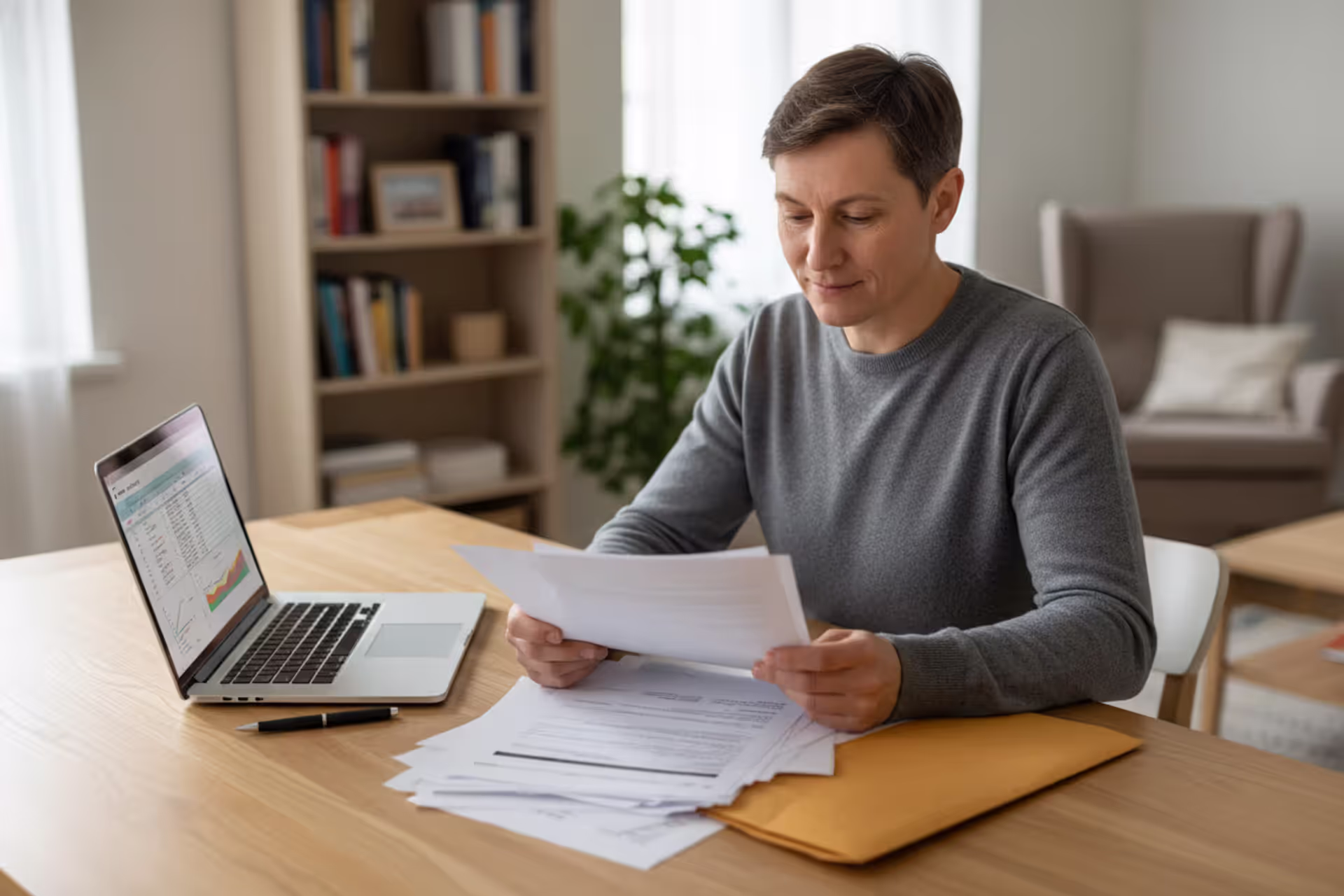 Person reviewing tax documents at a desk at home