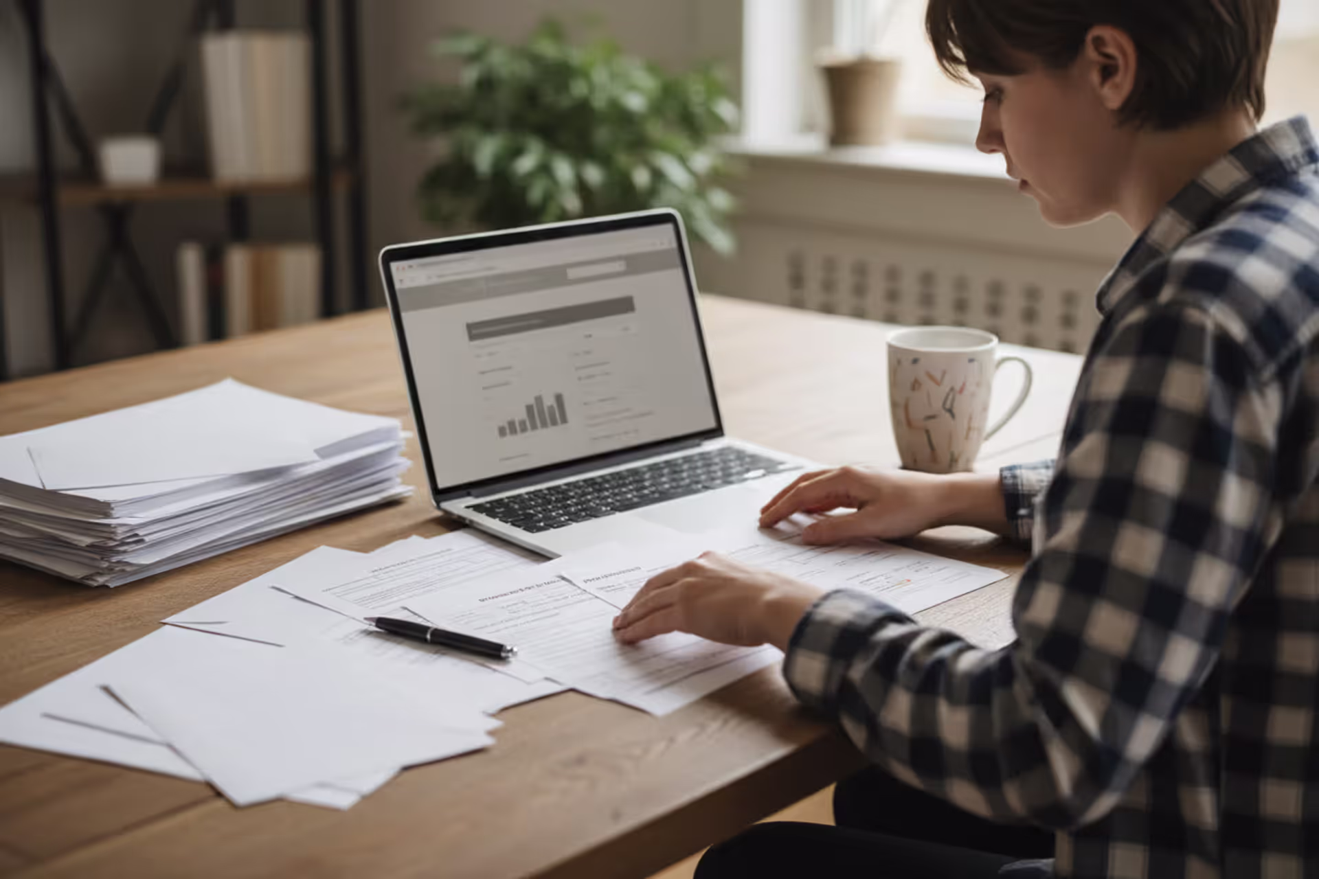 Person reviewing tax documents on a laptop at home
