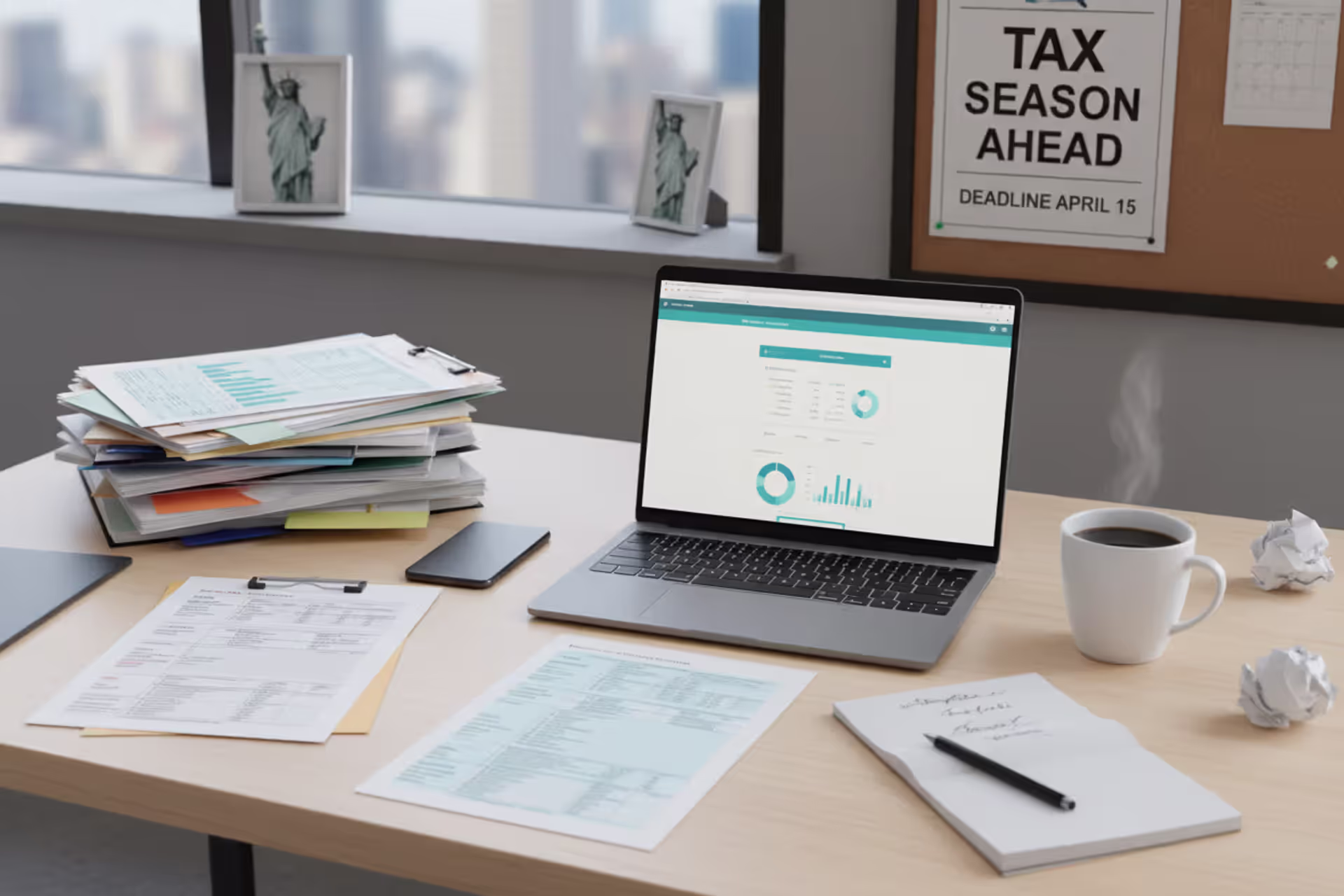 Tax filing preparation with laptop and financial documents on desk