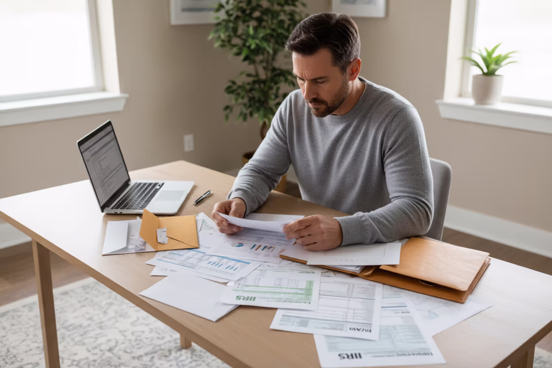 Person reviewing tax documents and missing W-2 form at home desk