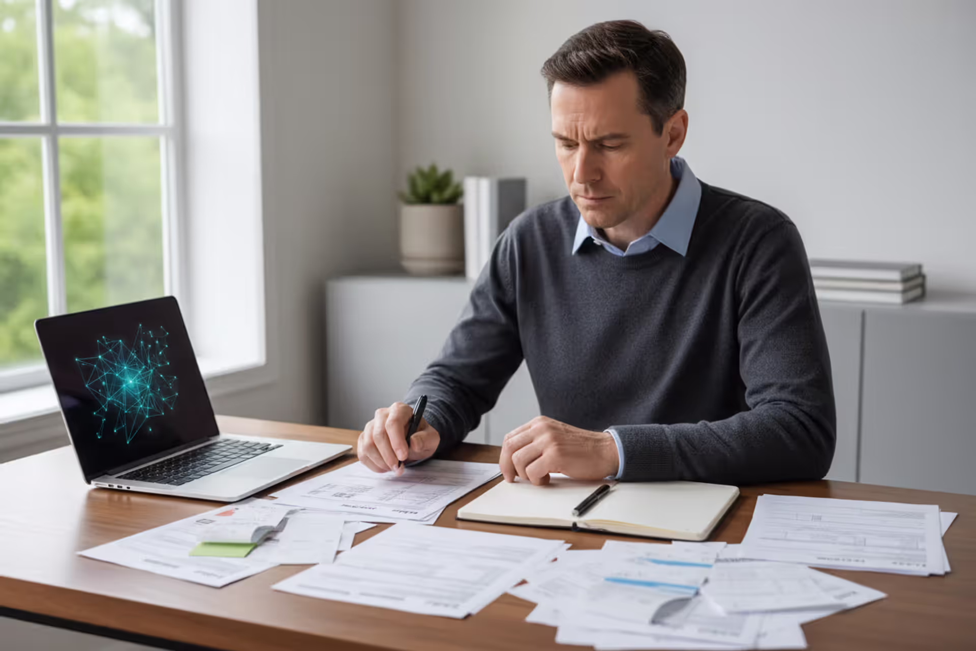 Person reviewing tax documents and filing a tax return at a desk