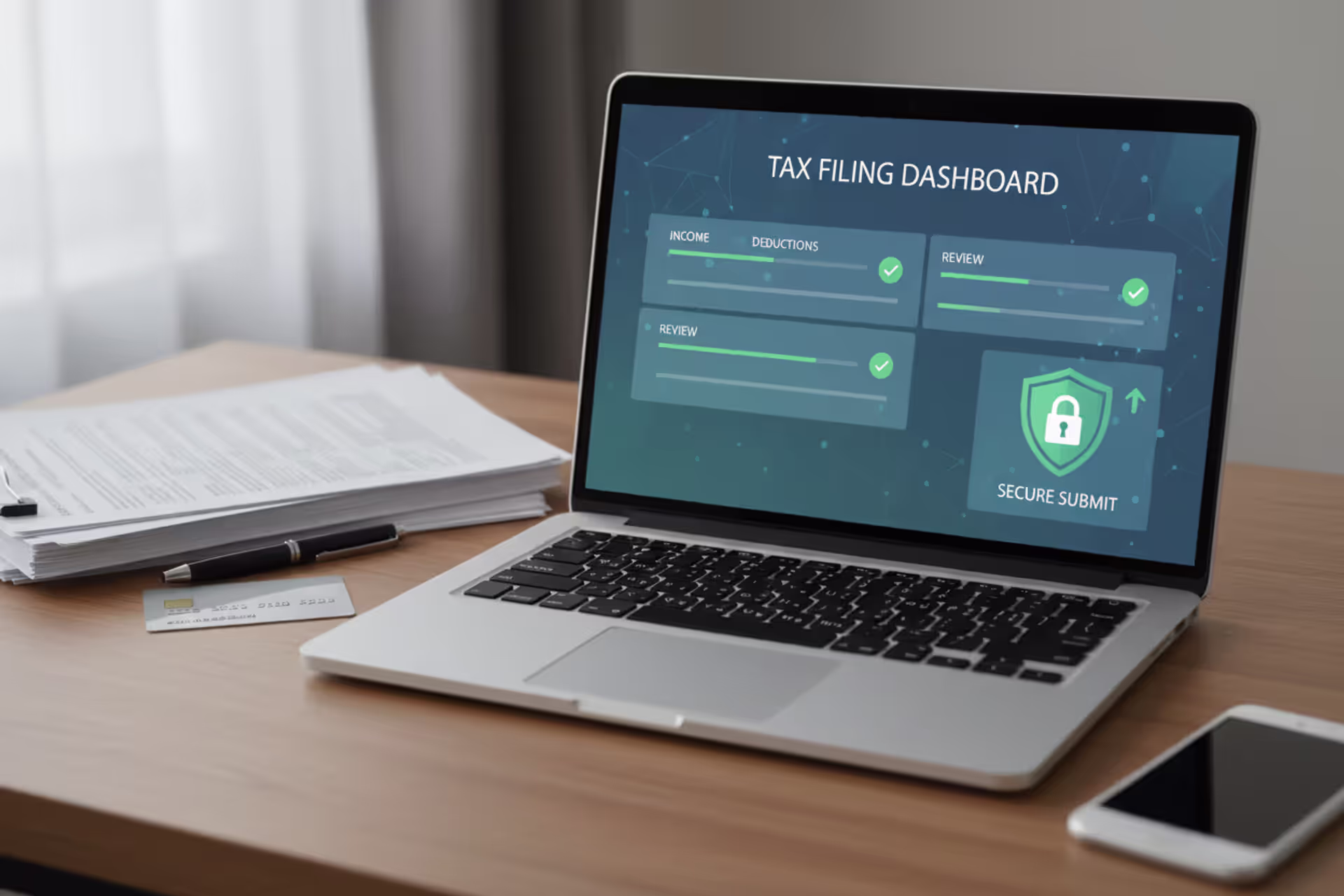 Laptop with secure tax filing interface and financial documents on desk