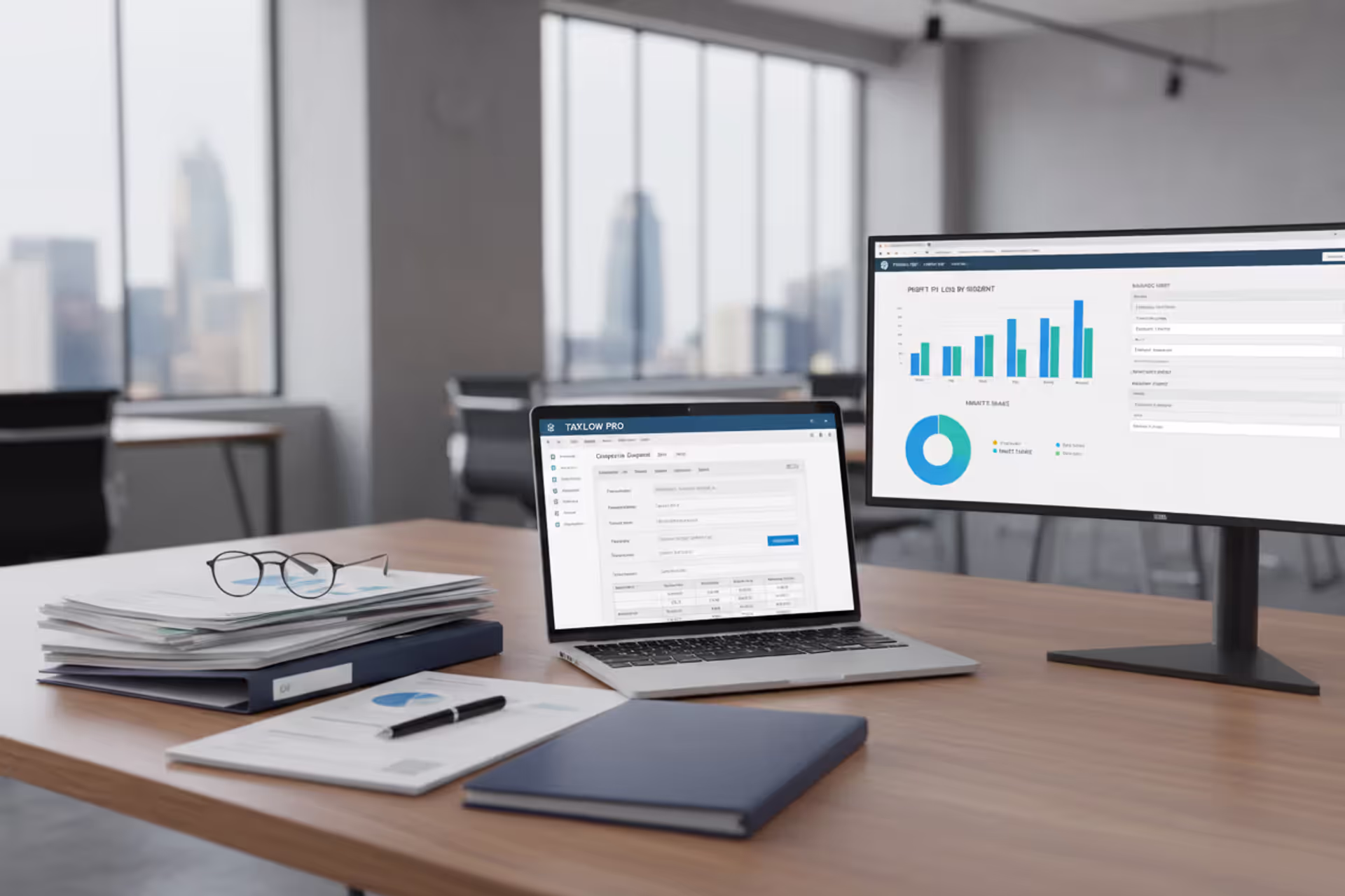Corporate tax software dashboard on a desk with financial reports