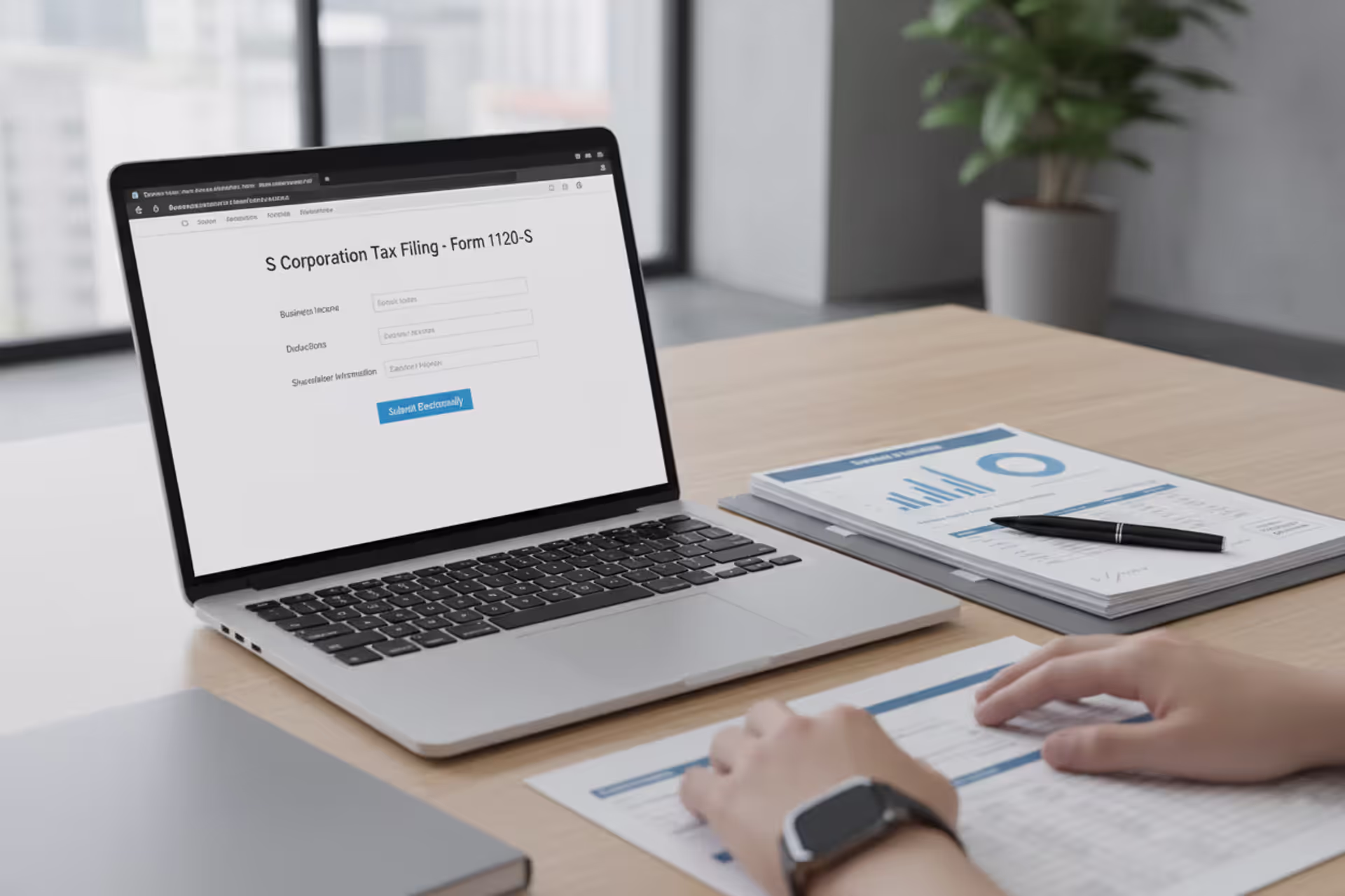 Business owner preparing S corporation tax return online on laptop